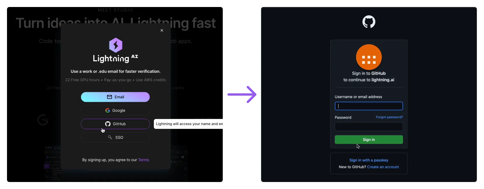 Create an account with a GitHub account.