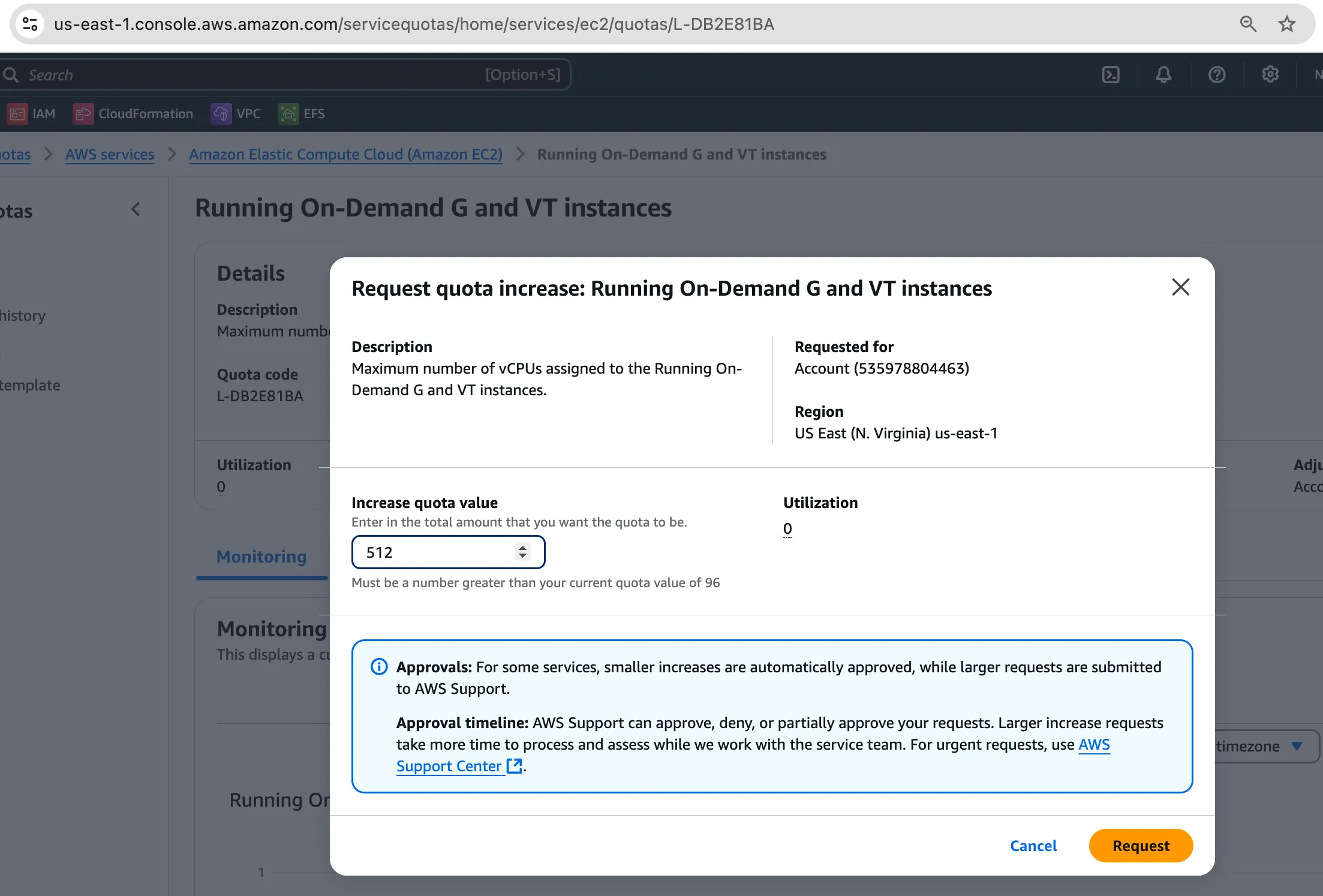 Request quotas directly via AWS UI console.